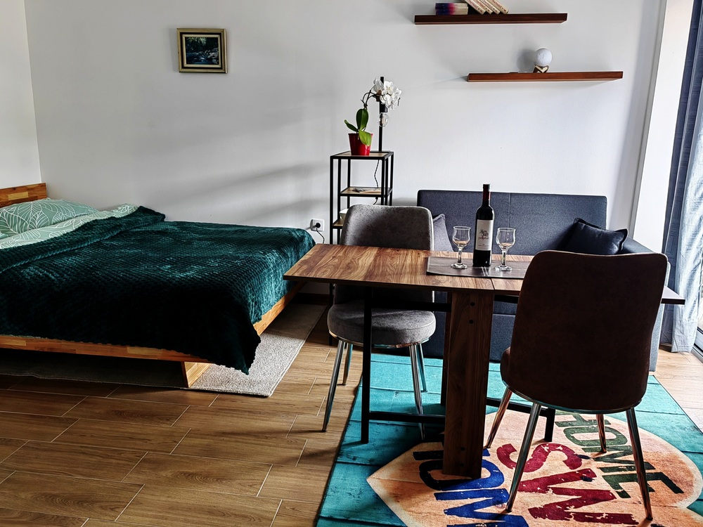 Studio apartman Aluna 1 u Višegradu poseduje kuhinju, kupatilo, klimu, flat screen televizor, wifi, terasu i veliki bračni krevet. Kontakt: +387 67 10 40 582